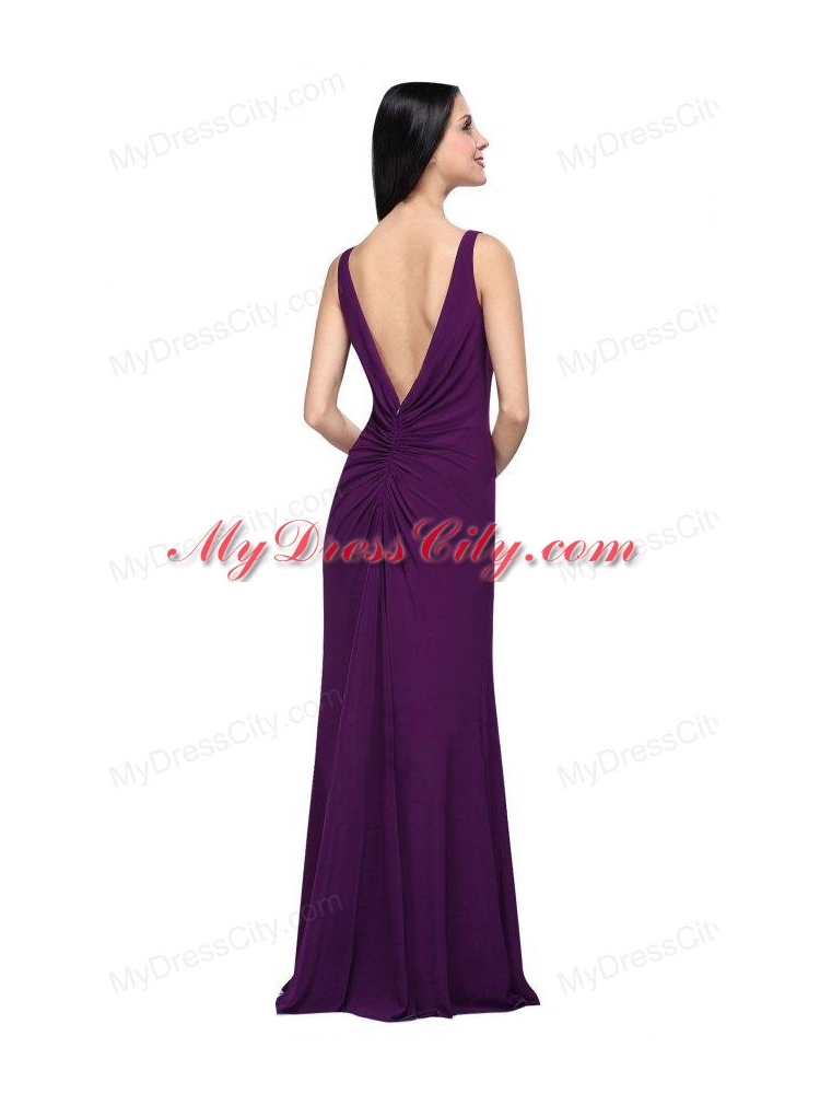 Column V-neck Purple Beading High Slit Chiffon Floor-length Prom Dress