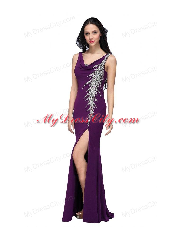 Column V-neck Purple Beading High Slit Chiffon Floor-length Prom Dress