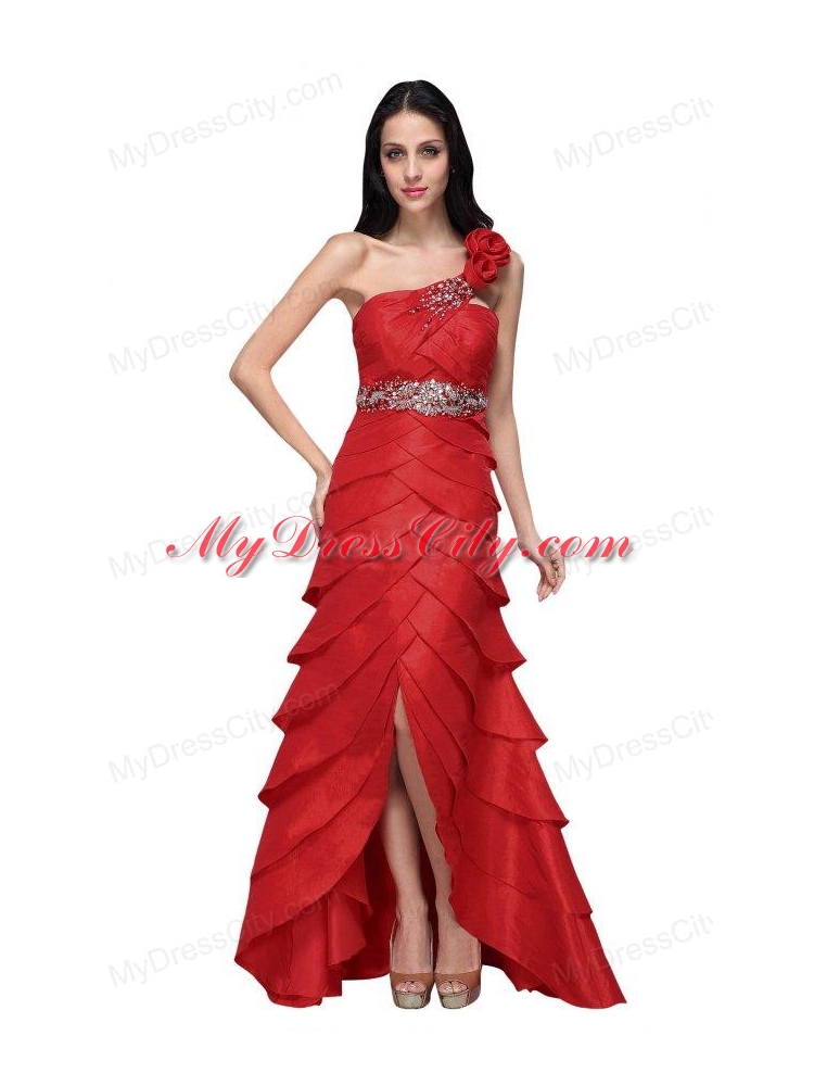 Column Wine Red Hand Made Flowers Strapless Beading Ruffled Layers Prom Dress