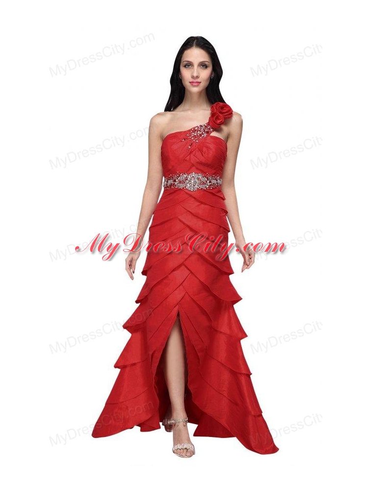 Column Wine Red Hand Made Flowers Strapless Beading Ruffled Layers Prom Dress