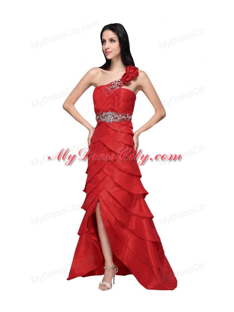 Column Wine Red Hand Made Flowers Strapless Beading Ruffled Layers Prom Dress