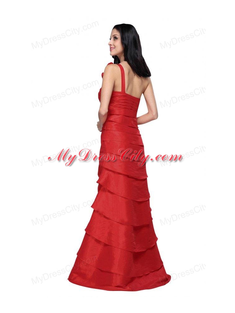 Column Wine Red Hand Made Flowers Strapless Beading Ruffled Layers Prom Dress