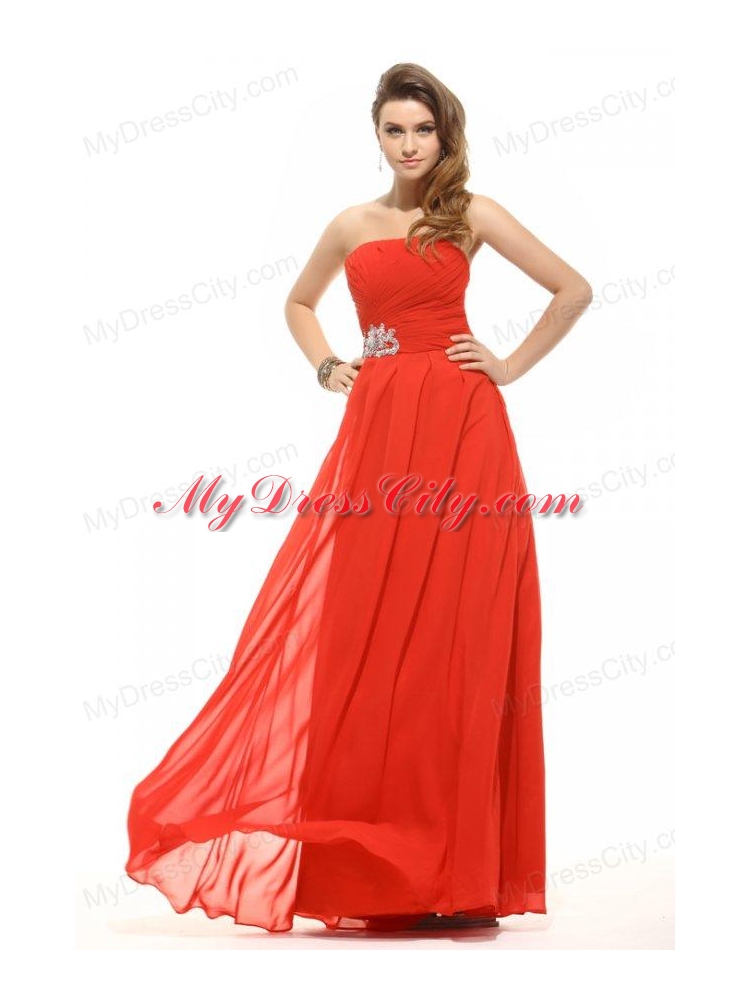 Empire Coral Red Strapless Beading and Ruching Prom Dress