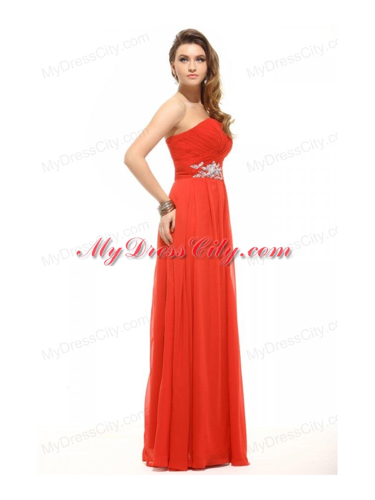 Empire Coral Red Strapless Beading and Ruching Prom Dress