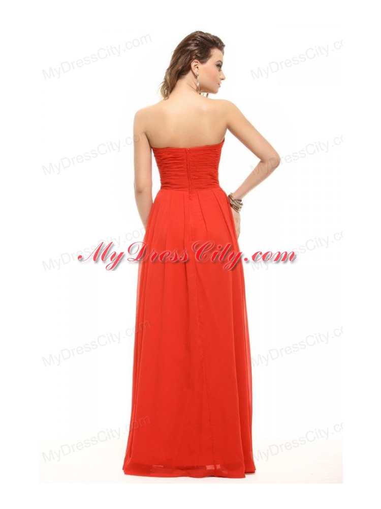 Empire Coral Red Strapless Beading and Ruching Prom Dress