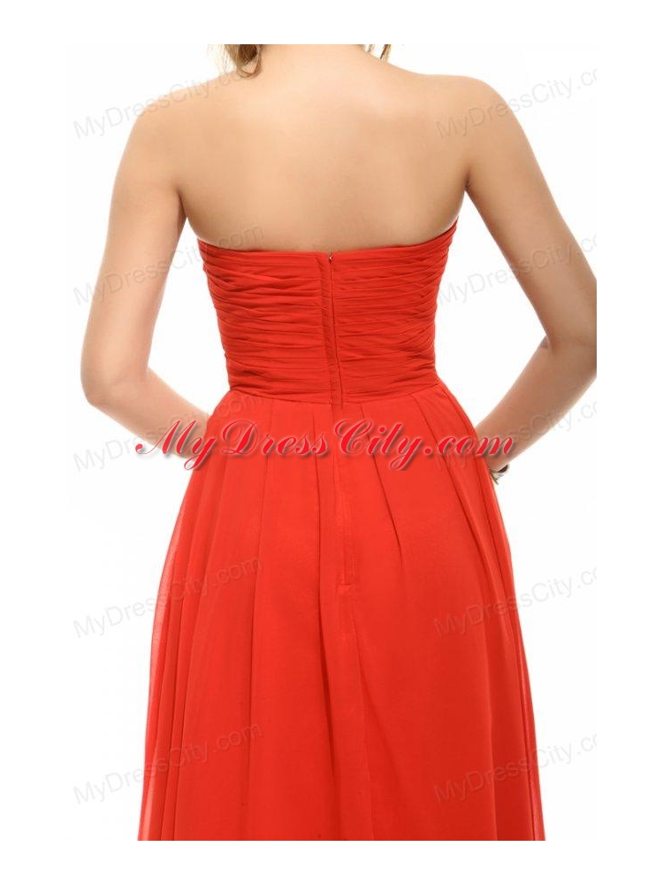 Empire Coral Red Strapless Beading and Ruching Prom Dress