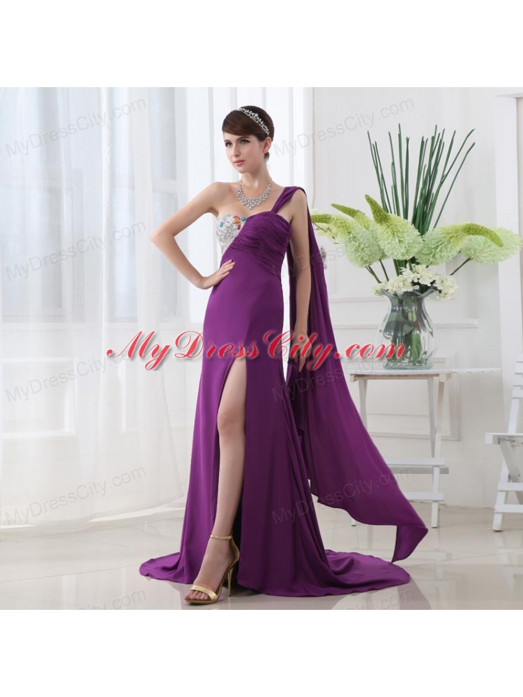 Empire Eggplant Purple Prom Dress with Watteau Trian Strain and Beading Ruching