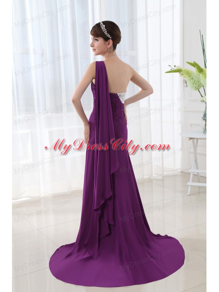 Empire Eggplant Purple Prom Dress with Watteau Trian Strain and Beading Ruching