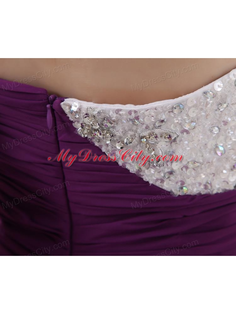 Empire Eggplant Purple Prom Dress with Watteau Trian Strain and Beading Ruching