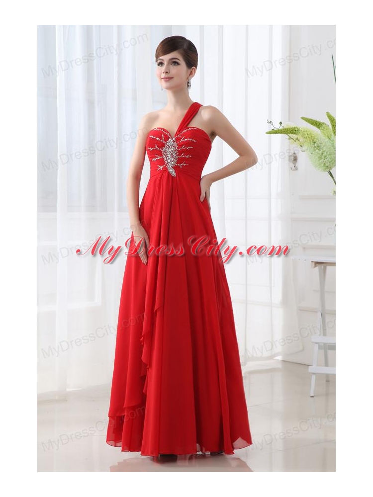 Empire One Shoulder Beading and Ruching Long Red Prom Dress