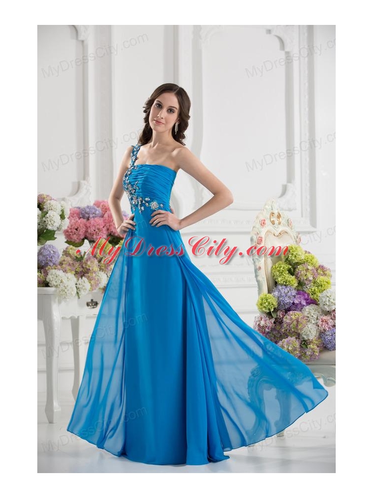 Empire One Shoulder Chiffon Appliques Ruching Dodger Blue Prom Dress