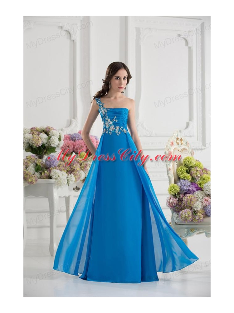 Empire One Shoulder Chiffon Appliques Ruching Dodger Blue Prom Dress