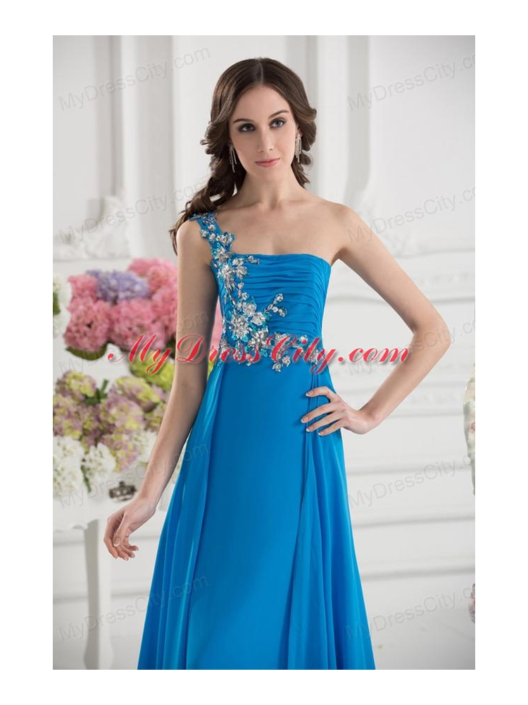 Empire One Shoulder Chiffon Appliques Ruching Dodger Blue Prom Dress