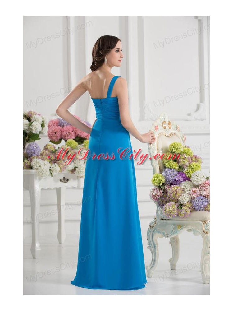 Empire One Shoulder Chiffon Appliques Ruching Dodger Blue Prom Dress