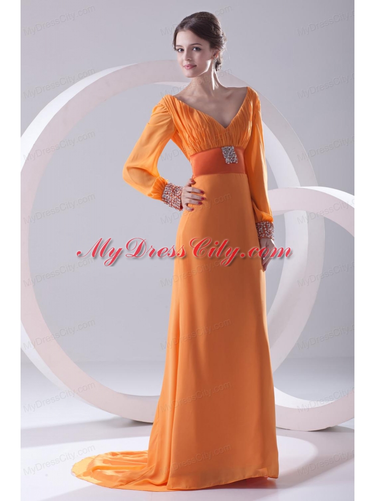 Empire Orange V-neck Long Sleeves Prom Dress with Beading Ruching