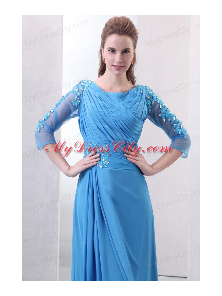 Empire Scoop Appliques with Beading 3/4-Length Sleeves Teal Prom Dress