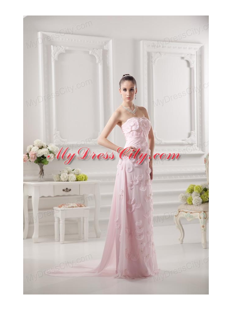 Empire Strapless Appliques Beading Chiffon Baby Pink Prom Dress