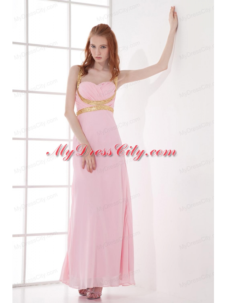 Empire Straps Baby Pink Prom Dress with Beading and Ruchings Chiffon