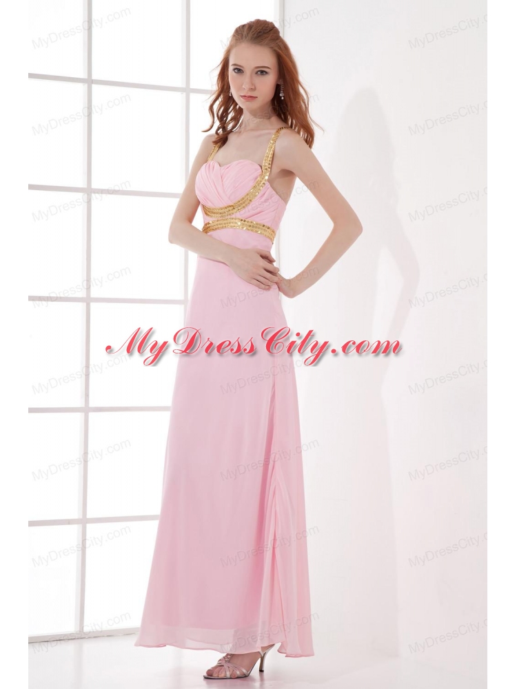 Empire Straps Baby Pink Prom Dress with Beading and Ruchings Chiffon