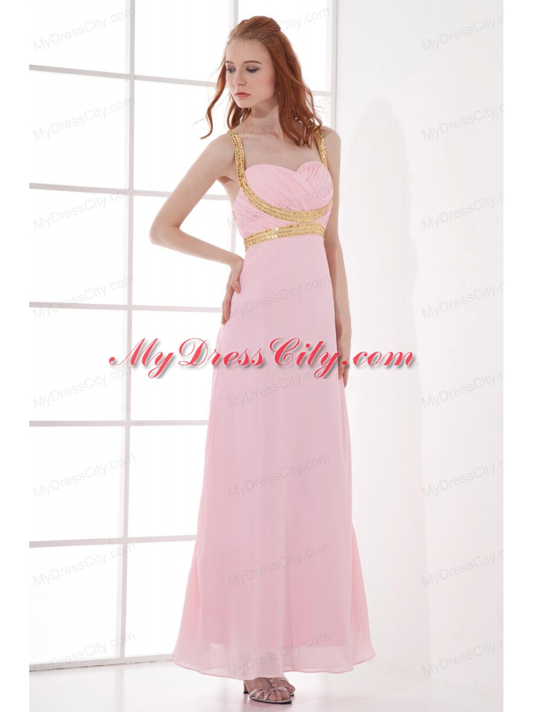 Empire Straps Baby Pink Prom Dress with Beading and Ruchings Chiffon