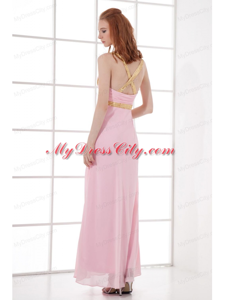 Empire Straps Baby Pink Prom Dress with Beading and Ruchings Chiffon