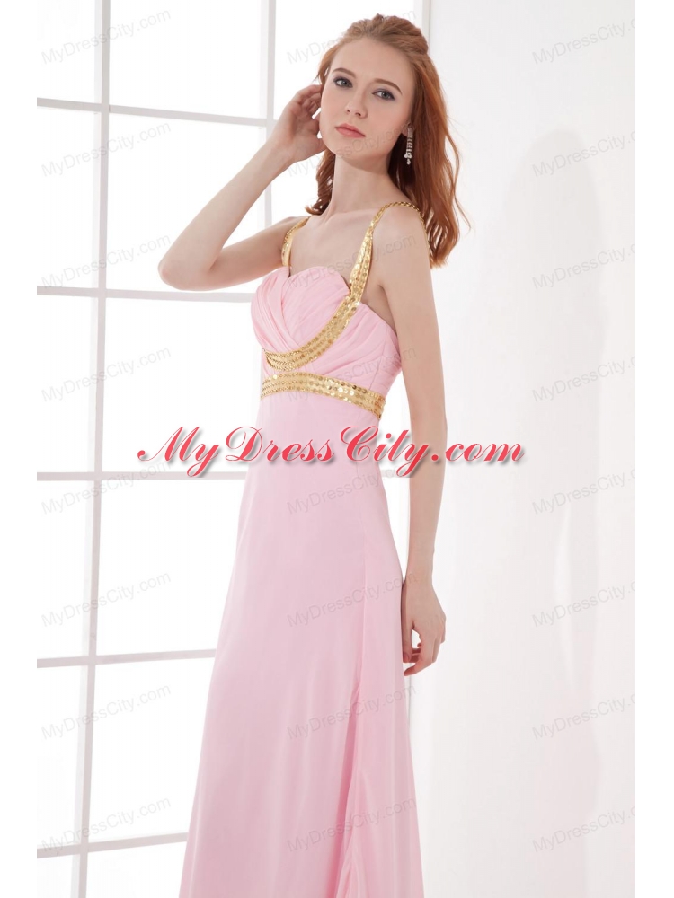 Empire Straps Baby Pink Prom Dress with Beading and Ruchings Chiffon