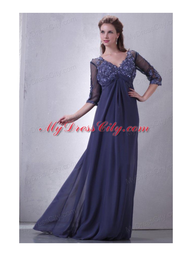 Empire V-neck Chiffon Appliques with Beading Prom Dress with 3/4-length Sleeves