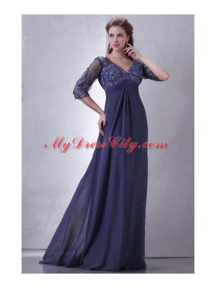 Empire V-neck Chiffon Appliques with Beading Prom Dress with 3/4-length Sleeves