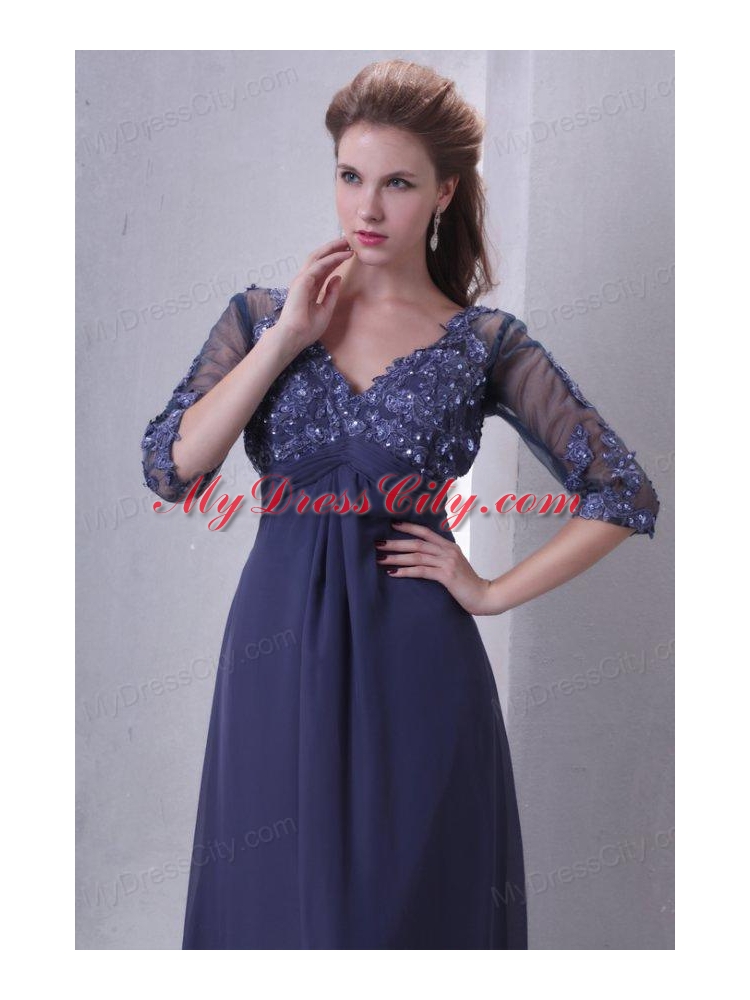 Empire V-neck Chiffon Appliques with Beading Prom Dress with 3/4-length Sleeves