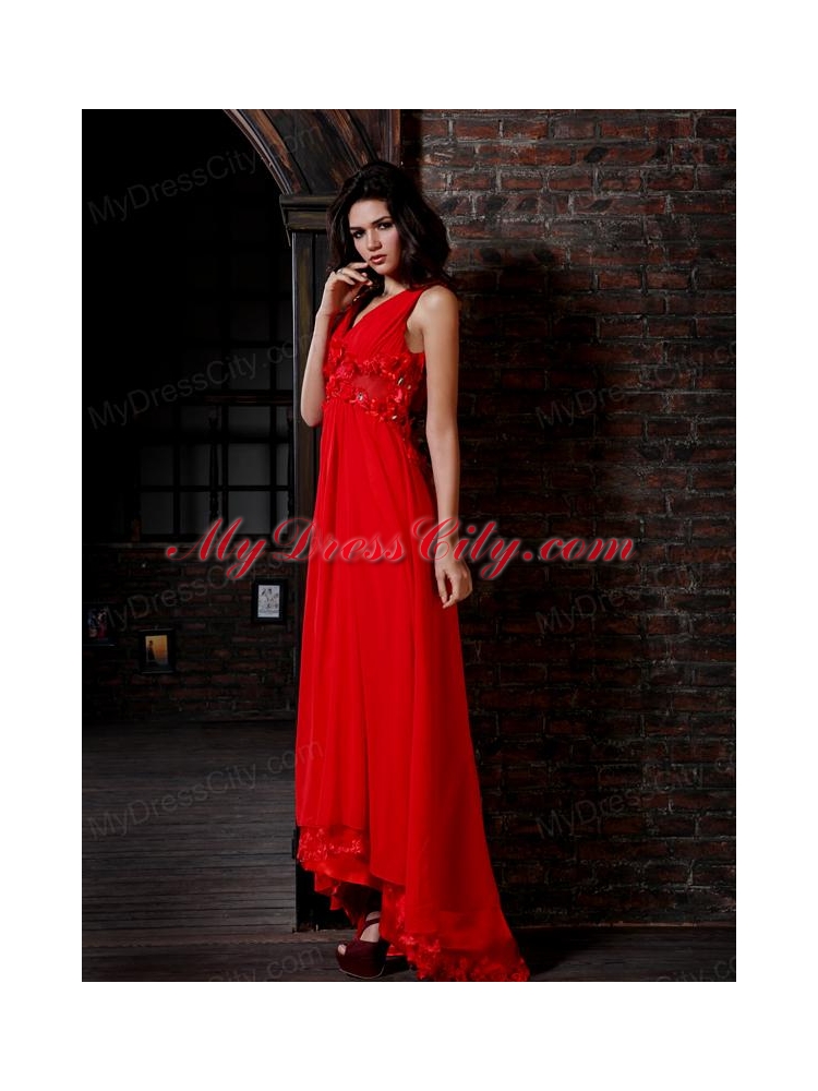 Empire V-neck Red Chiffon Floor-length Hand Made Flowers Side Zipper Prom Dress