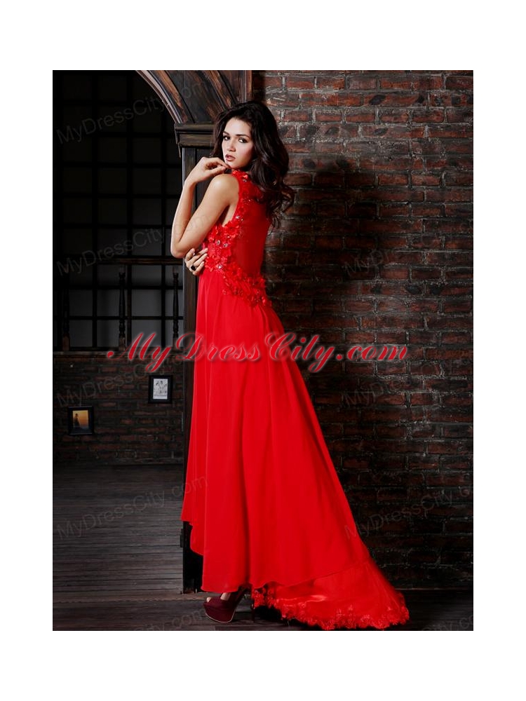 Empire V-neck Red Chiffon Floor-length Hand Made Flowers Side Zipper Prom Dress