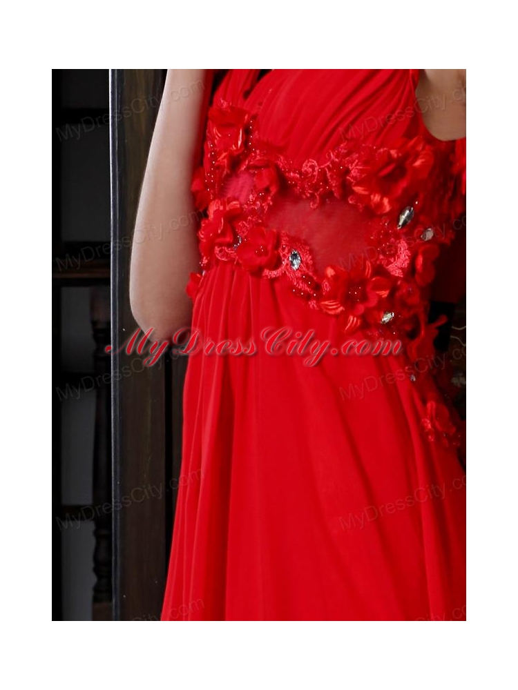 Empire V-neck Red Chiffon Floor-length Hand Made Flowers Side Zipper Prom Dress