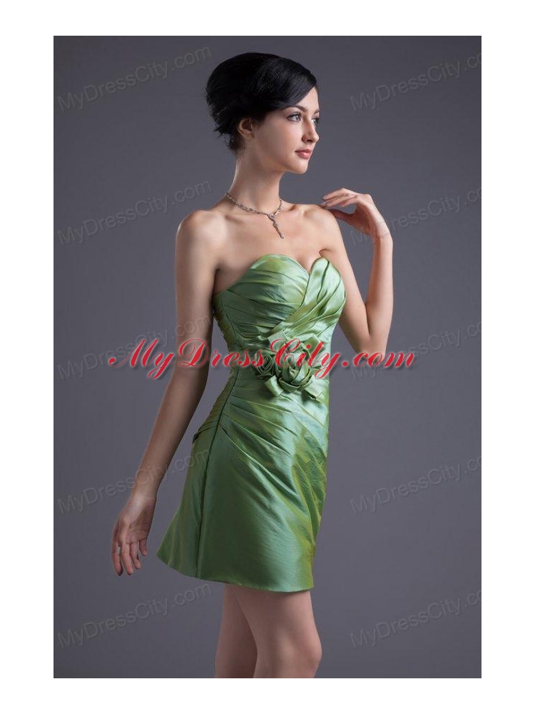 Green Column Sweetheart Mini-length Taffeta Ruching Prom Dress