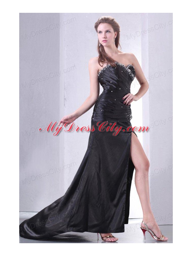 High Slit Black Sweetheart Prom Dress with Beading and Ruching