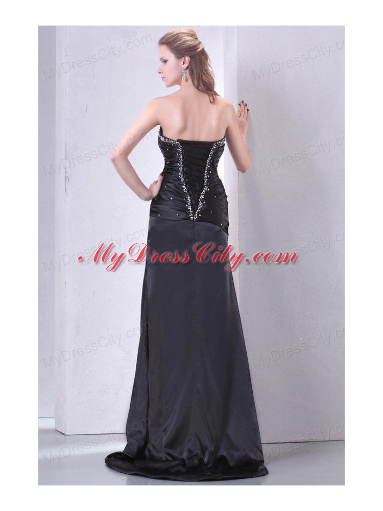 High Slit Black Sweetheart Prom Dress with Beading and Ruching