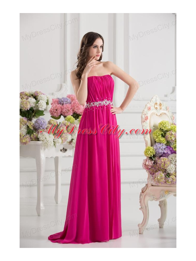 Hot Pink Empire Strapless Ruching Beading Brush Train Prom Dress