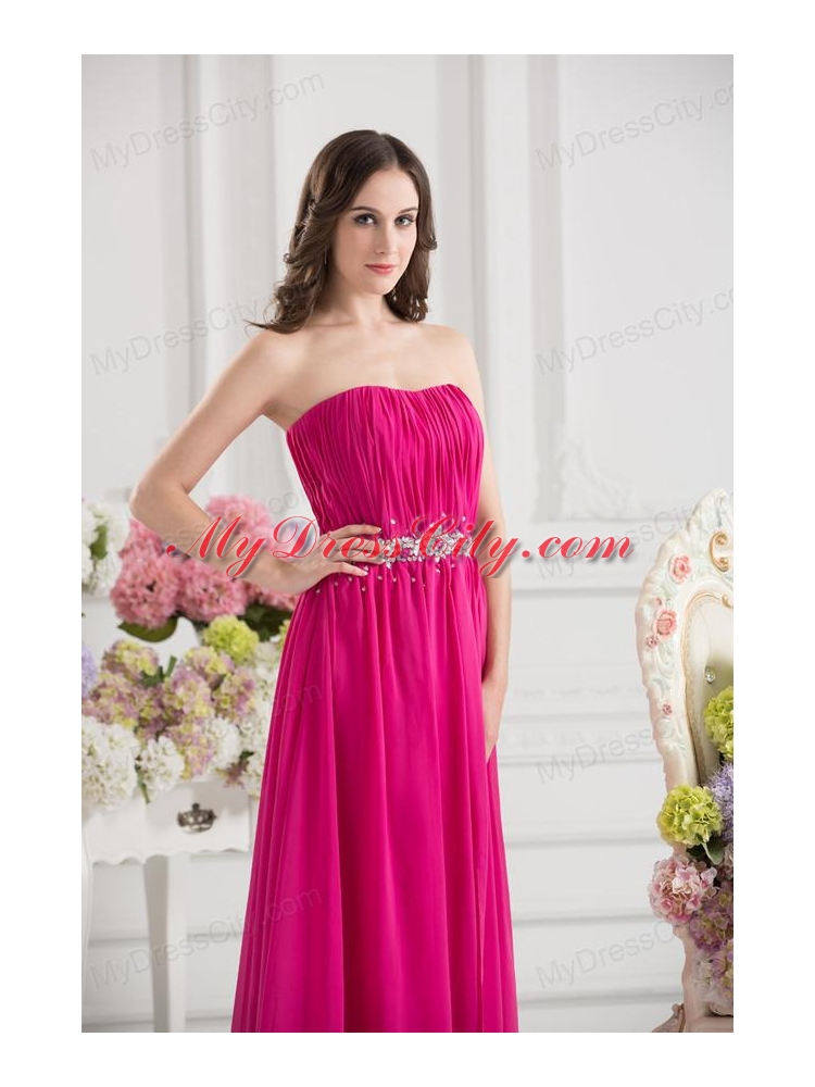 Hot Pink Empire Strapless Ruching Beading Brush Train Prom Dress