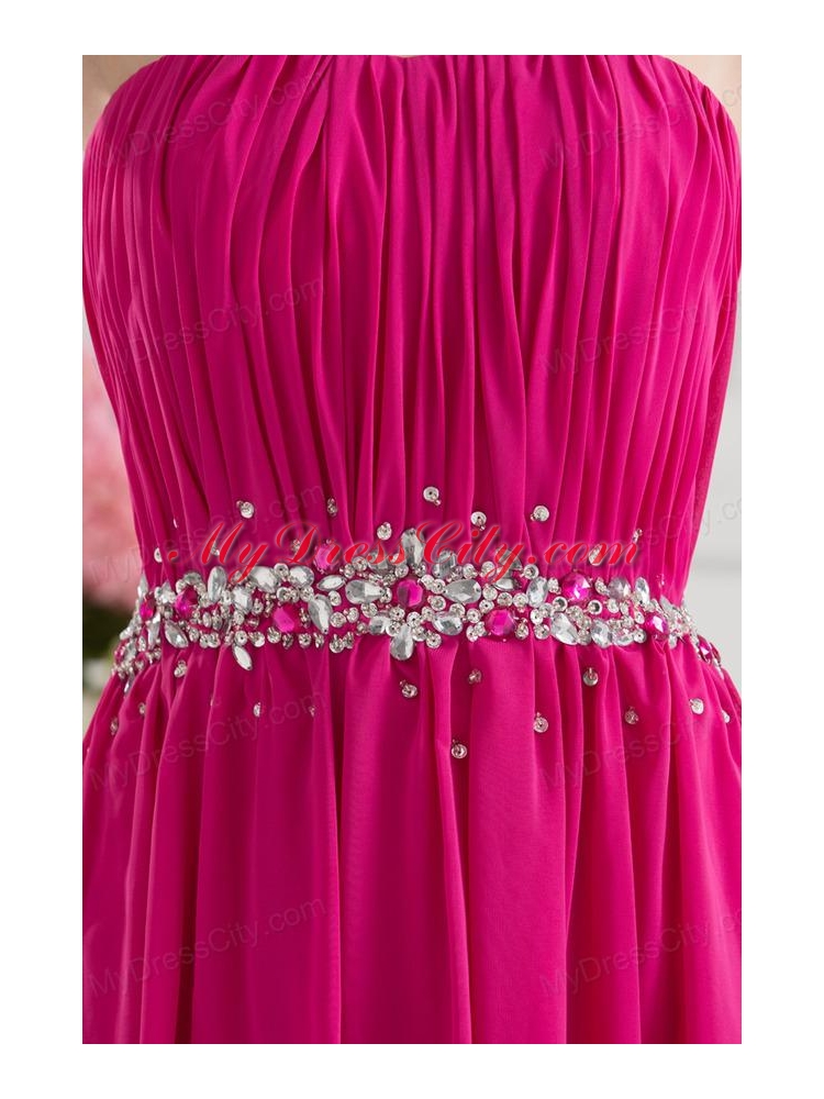 Hot Pink Empire Strapless Ruching Beading Brush Train Prom Dress