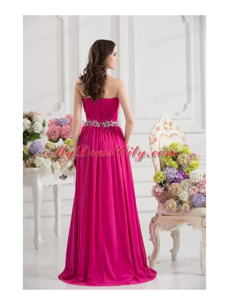 Hot Pink Empire Strapless Ruching Beading Brush Train Prom Dress