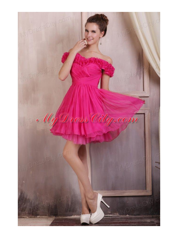 Hot Pink Short Mini-length Prom Dress with Off The Shoulder Flowers