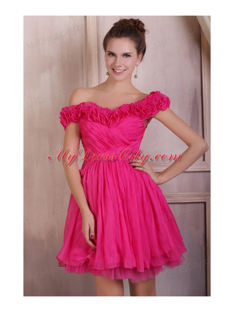 Hot Pink Short Mini-length Prom Dress with Off The Shoulder Flowers