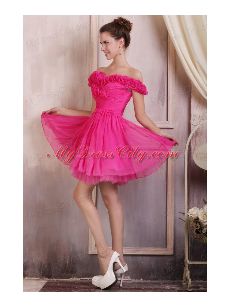 Hot Pink Short Mini-length Prom Dress with Off The Shoulder Flowers