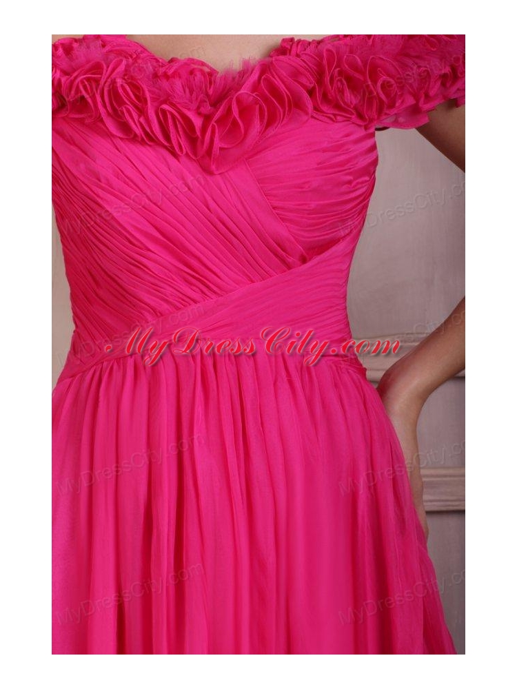 Hot Pink Short Mini-length Prom Dress with Off The Shoulder Flowers