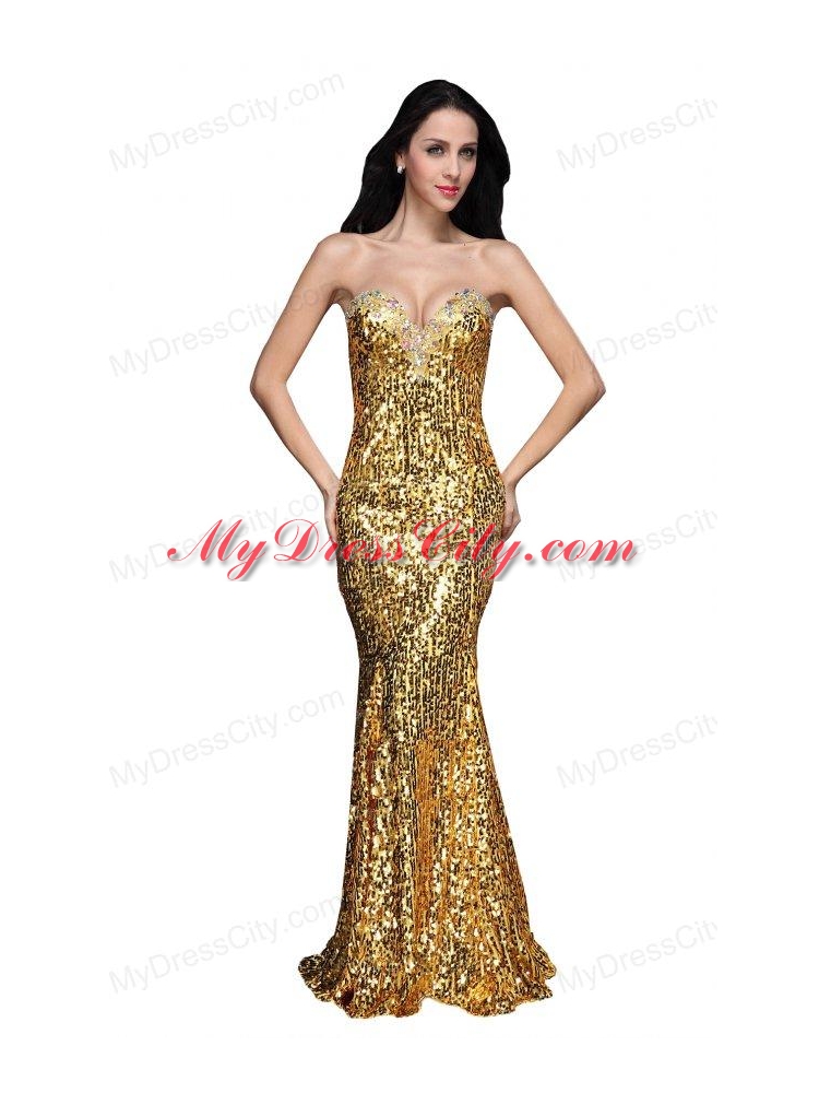 Mermaid Gold Sweetheart Sequins Beading Floor-length Prom Dress