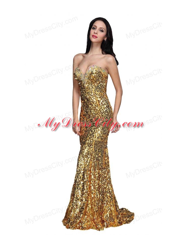 Mermaid Gold Sweetheart Sequins Beading Floor-length Prom Dress