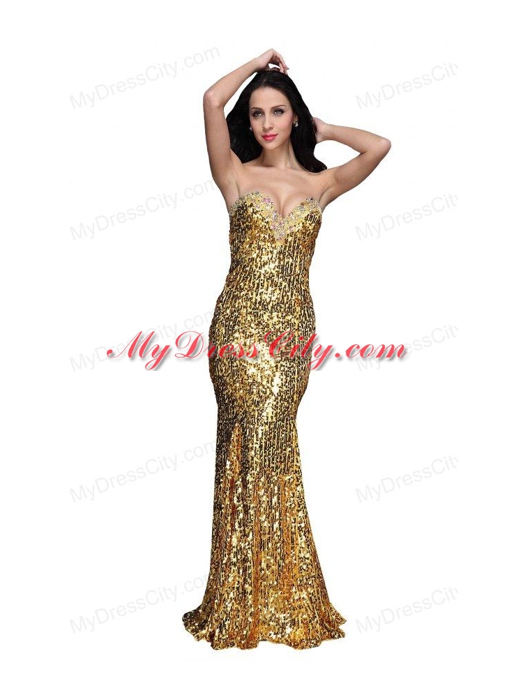 Mermaid Gold Sweetheart Sequins Beading Floor-length Prom Dress