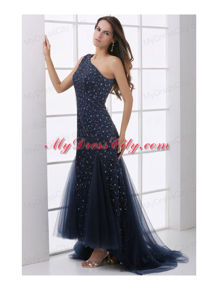 Mermaid One Shoulder Navy Blue Beading Tulle  Prom Dress