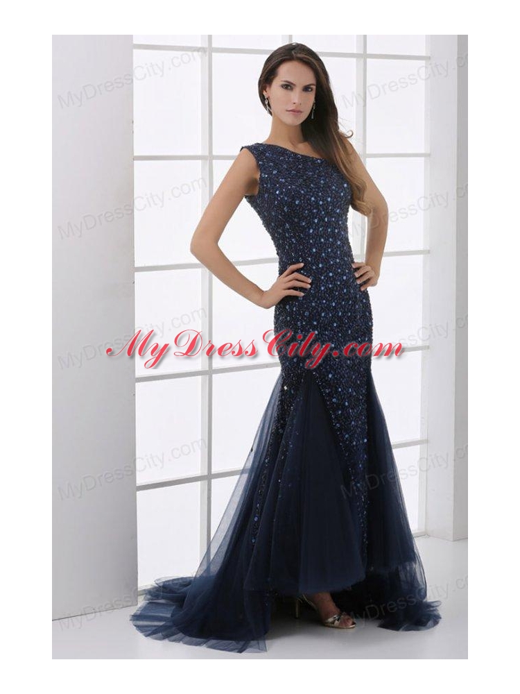 Mermaid One Shoulder Navy Blue Beading Tulle  Prom Dress