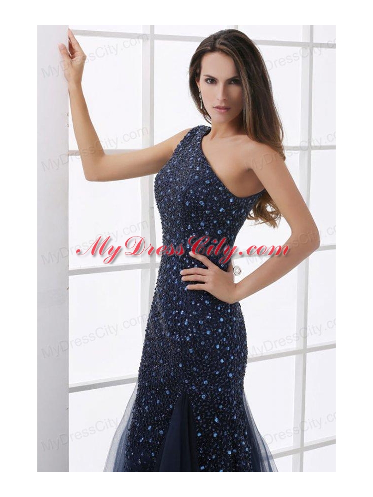 Mermaid One Shoulder Navy Blue Beading Tulle  Prom Dress