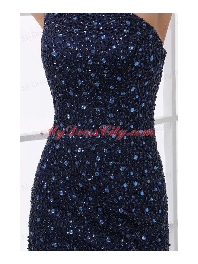 Mermaid One Shoulder Navy Blue Beading Tulle  Prom Dress